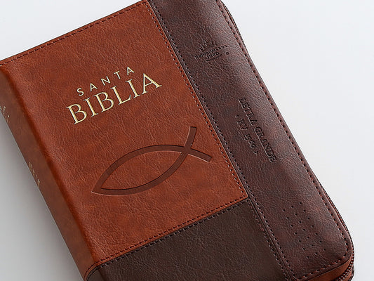 Biblia con Cierre Portátil 12 puntos, imit piel café ichtus con índice RV1960