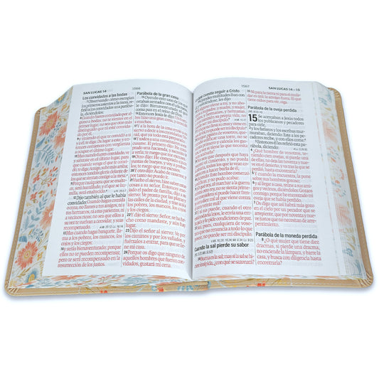 Biblia Portátil 12 puntos, imit piel flores crema con canto floral RV1960