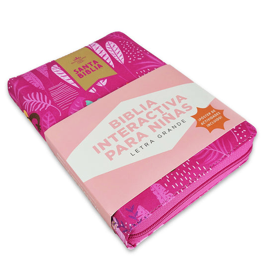 Biblia Interactiva para Niñas Letra Grande con Cierre tela rosa RV 1960