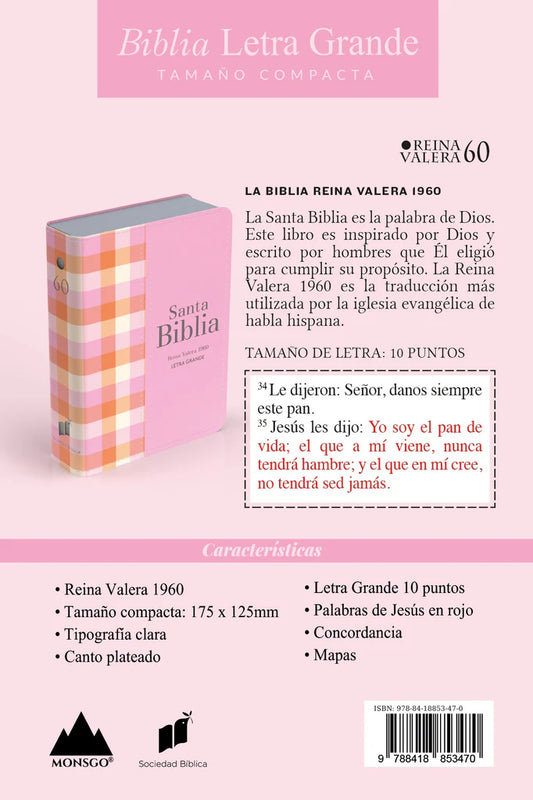 Biblia Compacta Cuadros Rosa Claro RVR60 – Imitación Piel