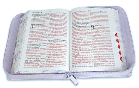 Biblia con Cierre Portátil Letra Grande 12 puntos RV1960, imit piel flores lila con índice y canto floral/ Mundo Biblia
