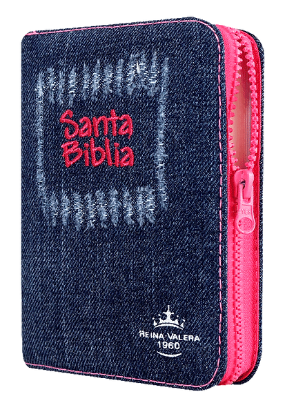 Biblia Compacta Jeans Bordado / Azul y fucsia / RV1960