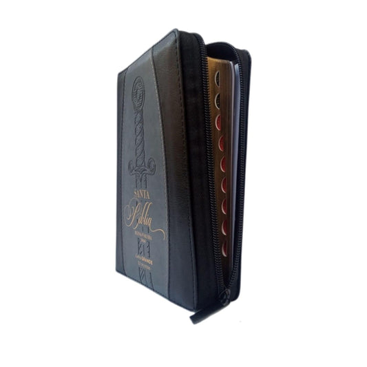 Biblia Espada con Cierre Compacta 11 Puntos RV1960, Imit Gris Y Negro Con Índice - Hebreos 4:12/ Mundo Biblia