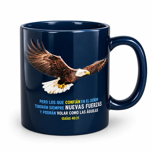 Taza Prominencia: Pero los que Confían - Isaías 40:31, azul marino
