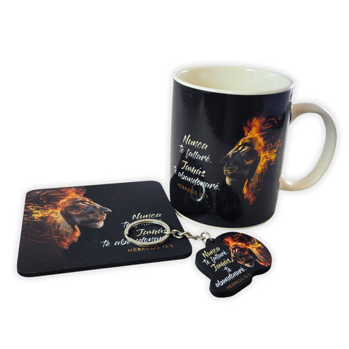 Pack Taza 12 Oz, Llavero, y Posavasos: Nunca te fallaré Heb 13:5