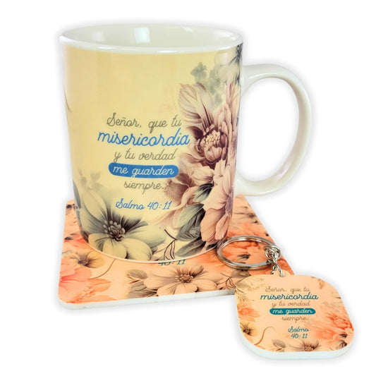 Paquete con Taza de 12oz, Llavero y Posavaso - Misericordia - Salmos 40:11