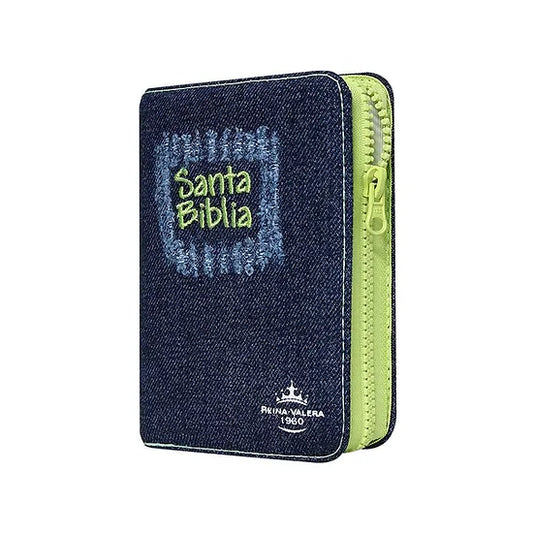 Biblia Bolsillo Jeans Azul Bordado Verde / Indice con Cierre / RV1960