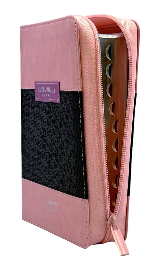 Biblia Reina Valera 1960 tamaño portátil Letra Grande 11 puntos. Imitación Piel Rosa/Marrón. Cierre e índice
