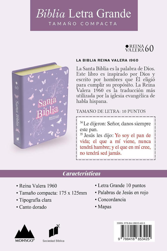 Biblia Compacta Mariposas Lila Claro RVR60 – Imitación Piel