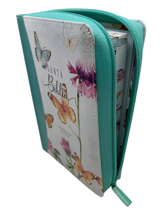 Biblia con Cierre Compacta Letra 11 Puntos RV1960, Imit Piel- Blanco Y Turquesa Con Mariposas- Con Indice - Canto Pintado/ Mundo Biblia