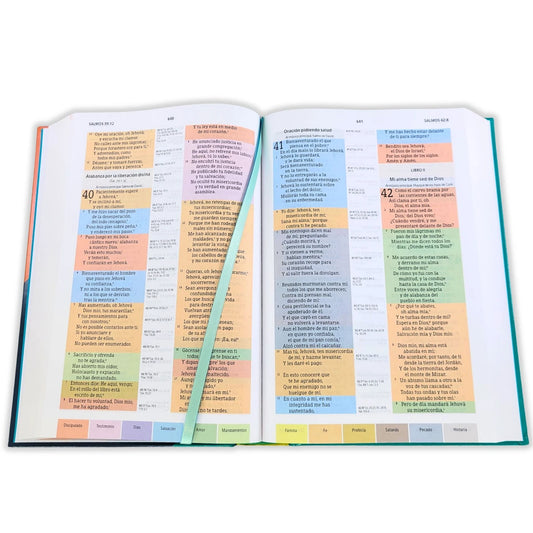 Biblia de estudio arcoíris RVR60 – Verde multicolor – Tapa dura