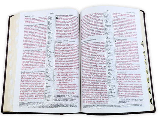 Biblia de referencia en la columna central NTV, letra 9 puntos con índice y Filament