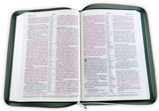 Biblia de referencia en la columna central NTV, letra grande de zíper con Filament (Sentí Piel, Verde, Letra Roja)