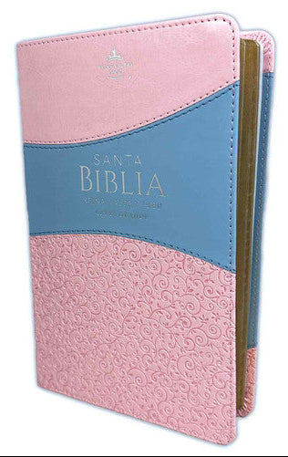 Biblia Manual Letra Grande 12 puntos RV1960, imit piel duotono rosa floral y celeste/ Mundo Biblia