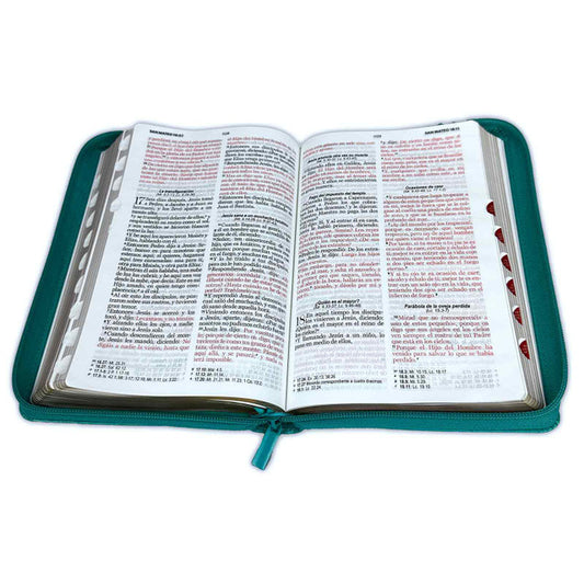 Biblia con Cierre Letra Grande 12 puntos para Mujer RV1960 imit piel turquesa y blanco con índice