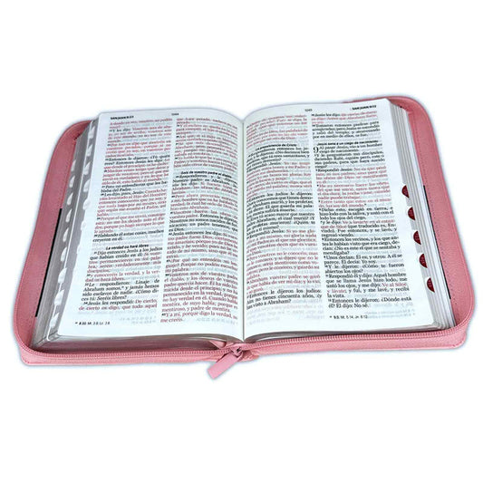 Biblia para Mujer con Cierre Letra Grande 12 puntos RV1960 imi piel rosa y café con índice