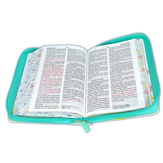 Biblia con Cierre Compacta 11 puntos RV1960 imit piel con canto pintado primaveral turquesa