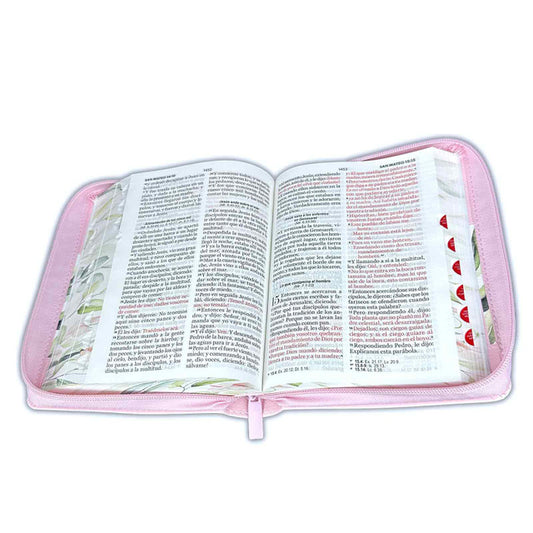 Biblia con Cierre Compacta 11 puntos RV1960 imit piel con canto pintado rosado floral con índice