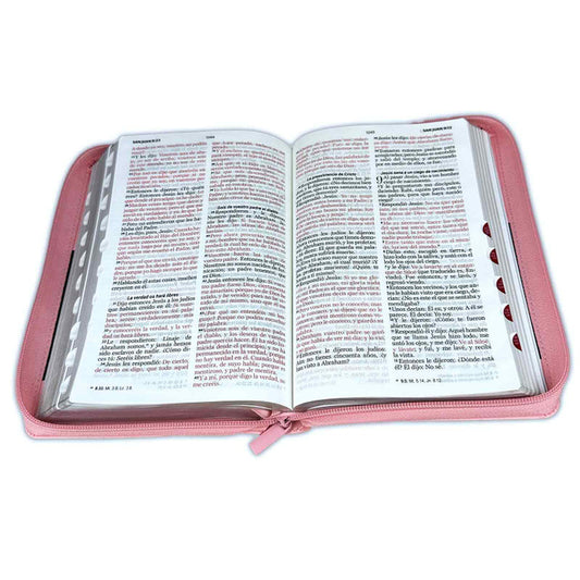 Biblia para Mujer con Cierre Letra Grande 12 puntos RV1960 imit piel rosa floral y café con índice