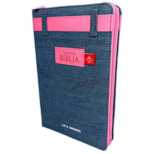 Biblia letra grande jean rosa con cierre e índice RV1960