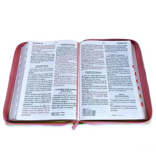 Biblia con Cierre Letra Súper Gigante 19 puntos RV1960 imit tricolor rosa/fucsia/lima con índice