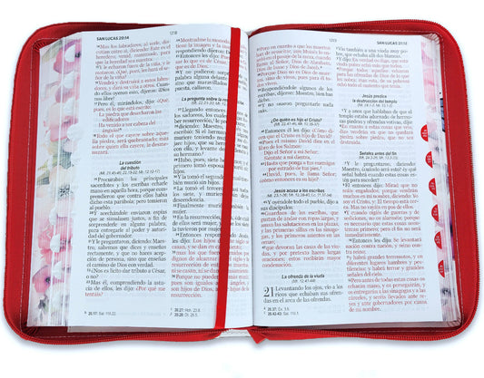 Biblia con Cierre Letra Grande 12 puntos para Mujer RV1960 imit piel rojo con índice, canto floral, y asa de mano/ Mundo Biblia