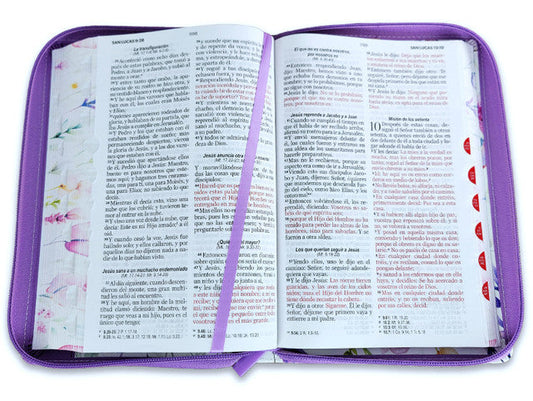 Biblia con Cierre Letra Grande 12 puntos para Mujer RV1960 imit piel lila con índice, canto floral, y asa de mano/ Mundo Biblia