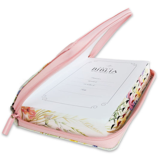 Biblia con Cierre Letra Grande 12 puntos para Mujer RV1960 imit piel rosa y verde claro con índice, canto floral, y asa de mano/ Mundo Biblia