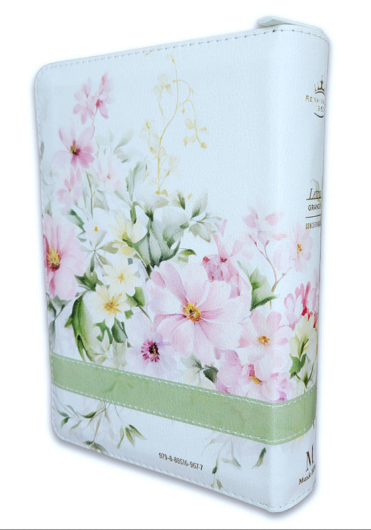 Biblia con Cierre Portátil Letra Grande 12 puntos RV1960, imit piel flores en primavera con índice y canto floral/ Mundo Biblia
