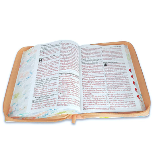 Biblia de letra super gigante 19 pts imit piel jardín coral con índice y canto floral y cierre