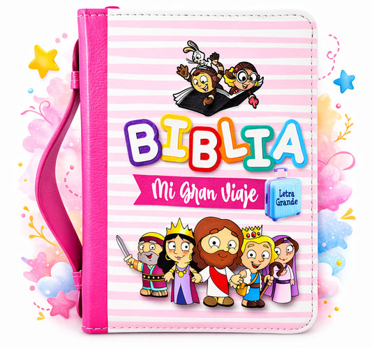 Biblia para Niñas Mi Gran Viaje Compacta con Cierre RV1960, imit piel rosa con asa de mano