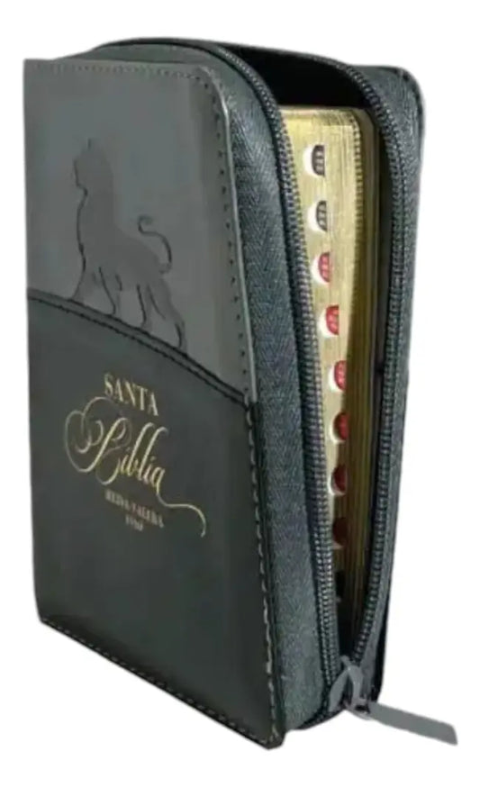 Biblia León de Bolsillo Con Cierre RV1960, Imit Piel Gris Y Negro Con Índice - El león de la tribu de Judá