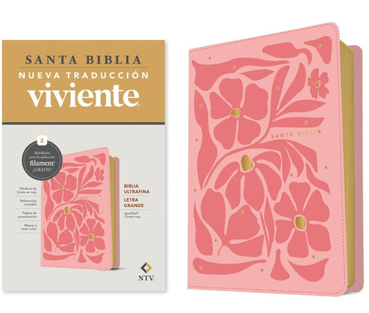Santa Biblia NTV ultrafina, letra grande con Filament / imitación piel, flores rosa