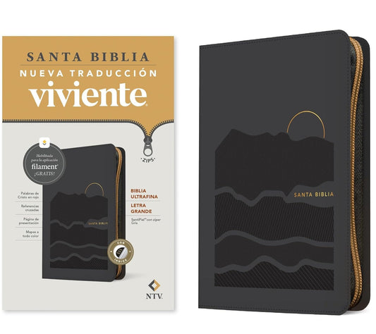Santa Biblia NTV ultrafina, letra grande con Indice de zíper con  Filament / Imitación piel Gris