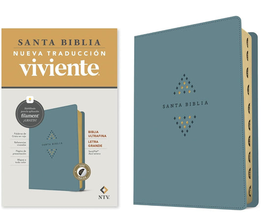 Santa Biblia NTV ultrafina, letra grande con Indice de zíper con  Filament / Imitación piel, Azul sereno
