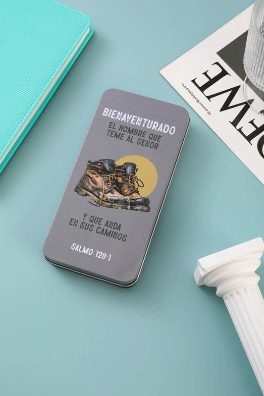 Pack bolígrafo, llavero y tarjeta en caja metálica / Bienaventurado el hombre