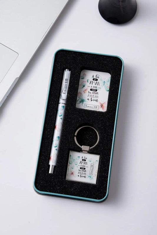 Pack bolígrafo, llavero y tarjeta en caja metálica / Alos que aman a Dios