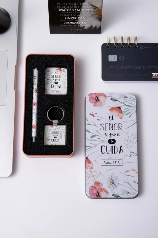 Pack bolígrafo, llavero y tarjeta en caja metálica / El Señor es quien te cuida